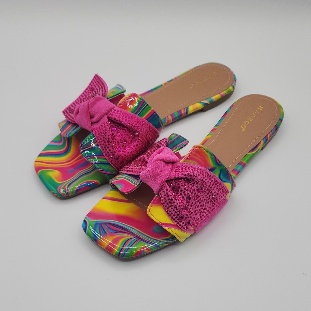 BAMBOO Multicolor Slide Sandals with Pink Bow